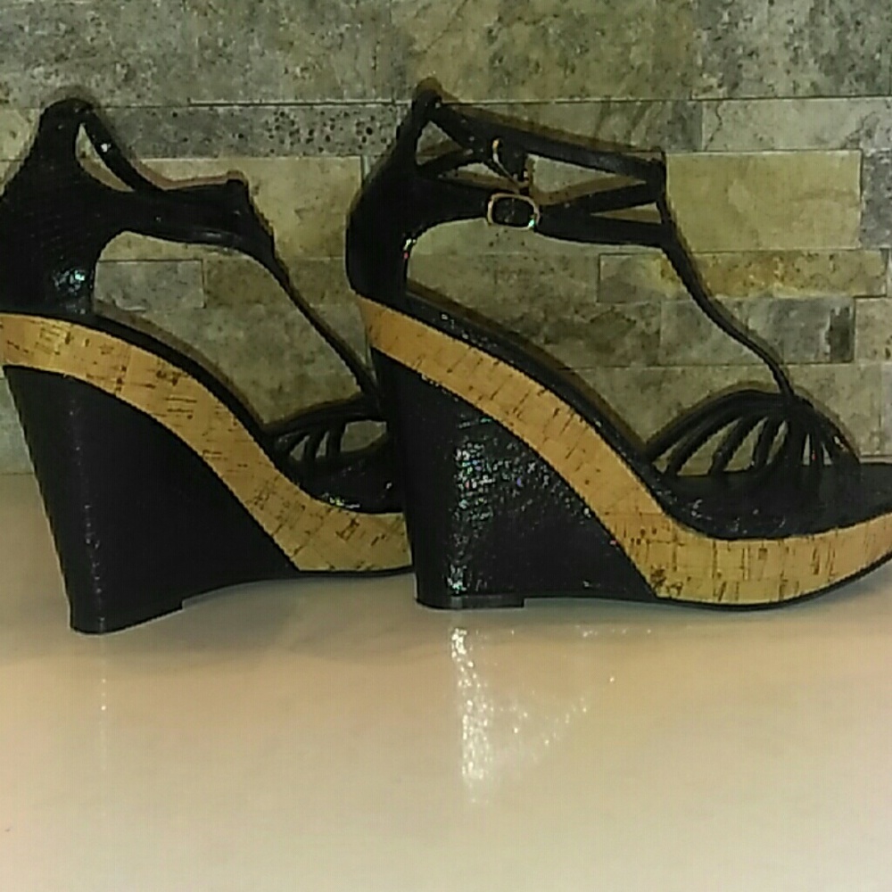 DIBA Black/cork tan platform wedge sandal (7-7.5M)
